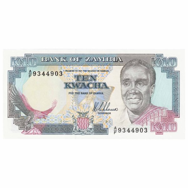 Zambia 1989-91 10 Kwacha Note, Pick #31a, Signature 8, UNC Fashion