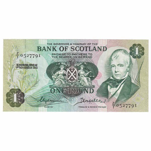 Scotland 1972 Bank of Scotland 1 Pound Note, SC109b, Replacement, EF Discount