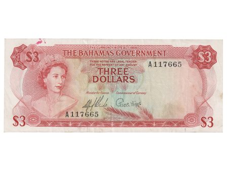 Bahamas 1965 3 Dollar Note, Pick #19a, 2 Signatures, VF-EF (Stain) Hot on Sale