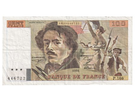 France 1991 100 Francs, Pick #154f, VF (Dam g) For Sale