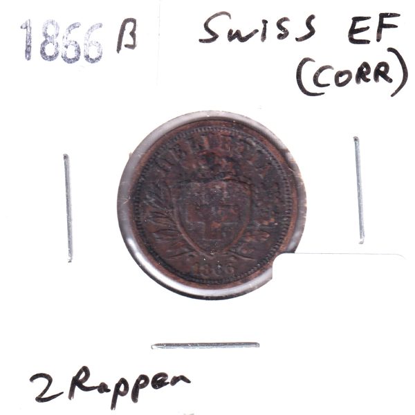 Switzerland 1866B 2 Rappen Extra Fine (EF-40) Corrosion Discount