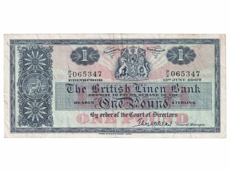 Scotland 1967 British Linen Bank 1 Pound Note, SC208b, EF on Sale