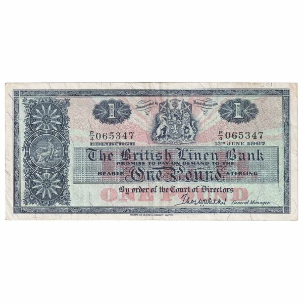 Scotland 1967 British Linen Bank 1 Pound Note, SC208b, EF on Sale