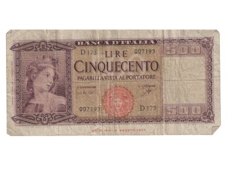 Italy 1961 500 Lire Note, Pick #80b, F (Holes) Hot on Sale