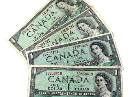 Lot of 4x 1954 Canada $1 Notes with All 4 Different Signature Combinations, Circ, 4Pcs For Discount