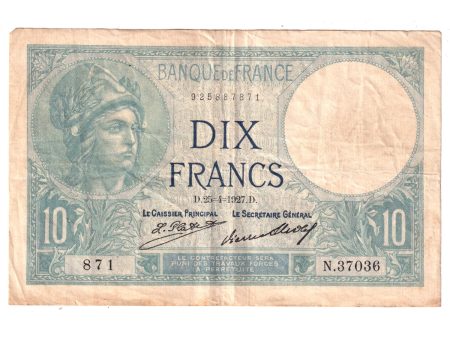 France Note, Pick #73d 1927 10 Francs, Very Fine (VF-20) Damaged Sale