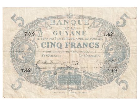 French Guiana L.1901 (1942) 5 Francs Note, Pick #1d, VF Cheap