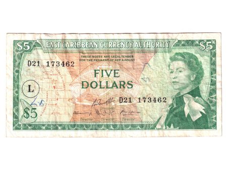 East Caribbean States Note, Pick #14m 1965 5 Dollars, "L" Overprint, VF (Damaged) on Sale