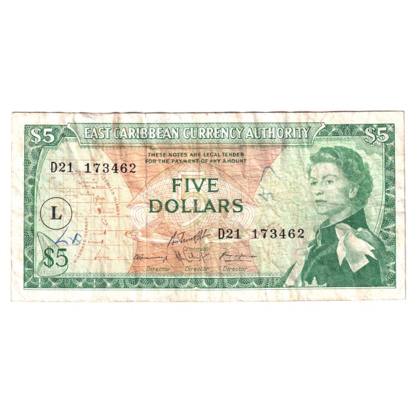 East Caribbean States Note, Pick #14m 1965 5 Dollars, "L" Overprint, VF (Damaged) on Sale