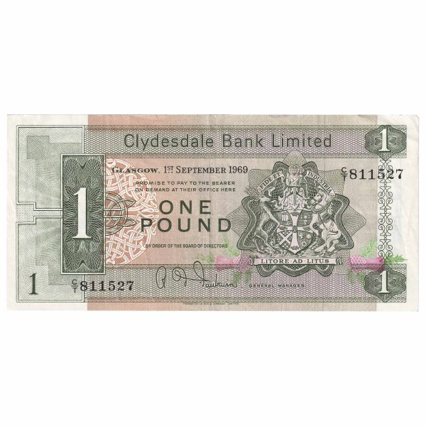 Scotland 1969 Clydesdale Bank 1 Pound Note, Pick #202, VF-EF Cheap