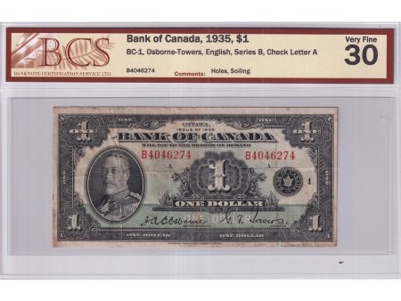 BC-1 1935 Canada $1 Osborne-Towers, English, B, BCS Certified VF-30 (Holes, Soiling) Online now