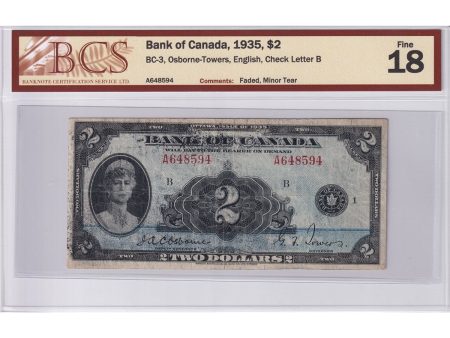 BC-3 1935 Canada $2 Osborne-Towers, English, BCS Certified F-18 (Faded, Minor Tear) Online Hot Sale