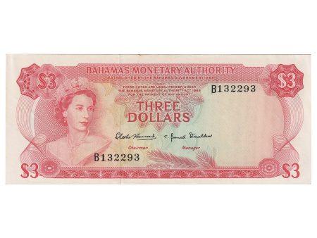 Bahamas 1968 3 Dollar Note, Pick #28a, AU (Stains) Discount