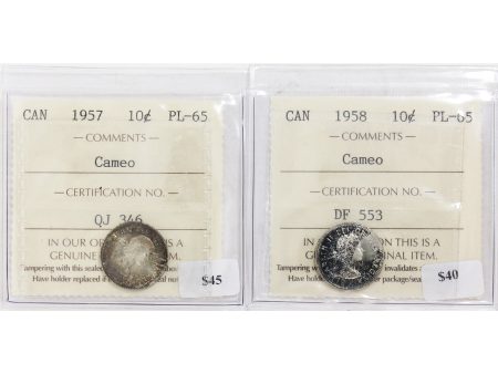 Pair of 1957 & 1958 Canada 10-Cents ICCS Certified PL-65 Cameo, 2Pcs Online Hot Sale