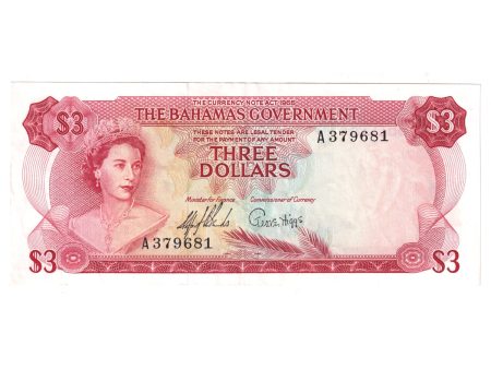 Bahamas Note, Pick #19a 1965 3 Dollars, 2 Signatures, EF-AU (EF-45) Writing Cheap