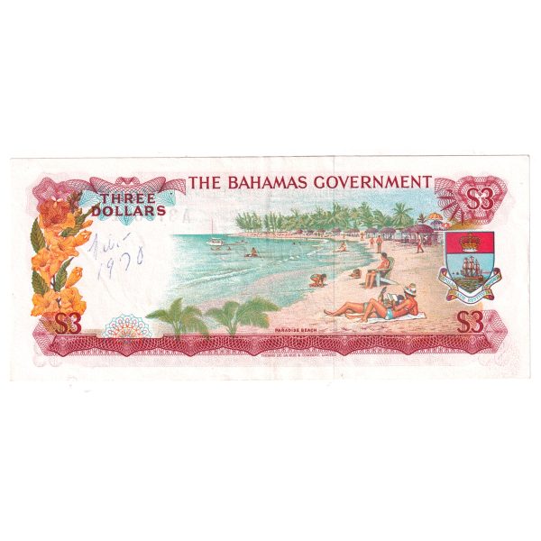 Bahamas Note, Pick #19a 1965 3 Dollars, 2 Signatures, EF-AU (EF-45) Writing Cheap