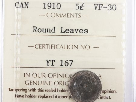 1910 Round Leaves Canada 5-cents ICCS Certified VF-30 Fashion