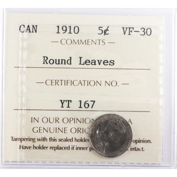 1910 Round Leaves Canada 5-cents ICCS Certified VF-30 Fashion