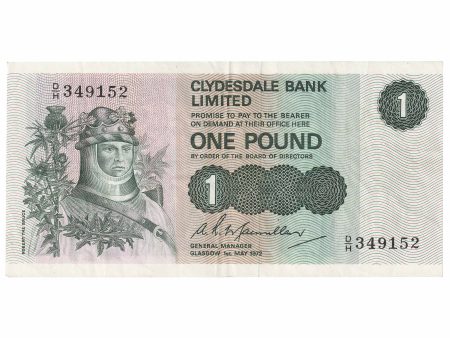 Scotland 1972 Clydesdale Bank 1 Pound Note, SC318b, VF-EF For Sale