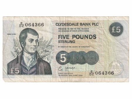 Scotland 2002 Clydesdale Bank 5 Pound Note, Pick #218d, F Sale