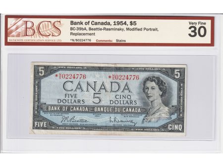 BC-39bA 1954 Canada $5 B-R, Replacement, *N S, BCS Cert VF-30 (Stains) Online now