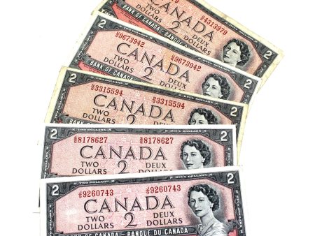 Lot of 5x 1954 Canada $2 Notes with All Different Prefixes, Circ, 5Pcs (Impaired) Online