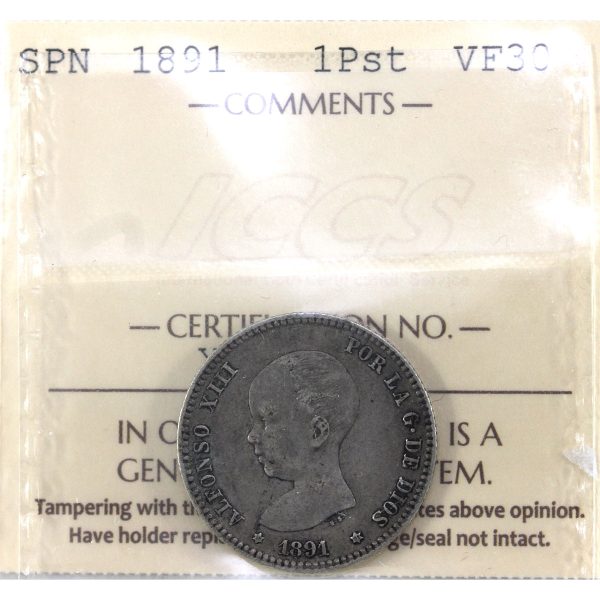 Spain 1891 1 Peseta ICCS Certified VF-30 Online Sale