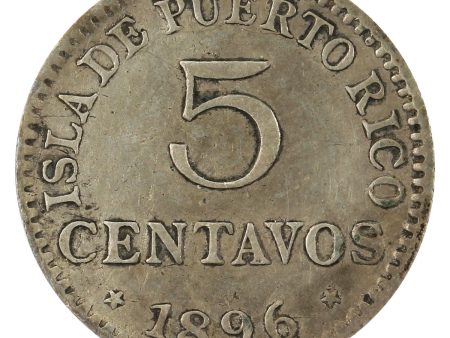 Puerto Rico 1896 5 Centavos Very Fine (VF-20) $ Fashion