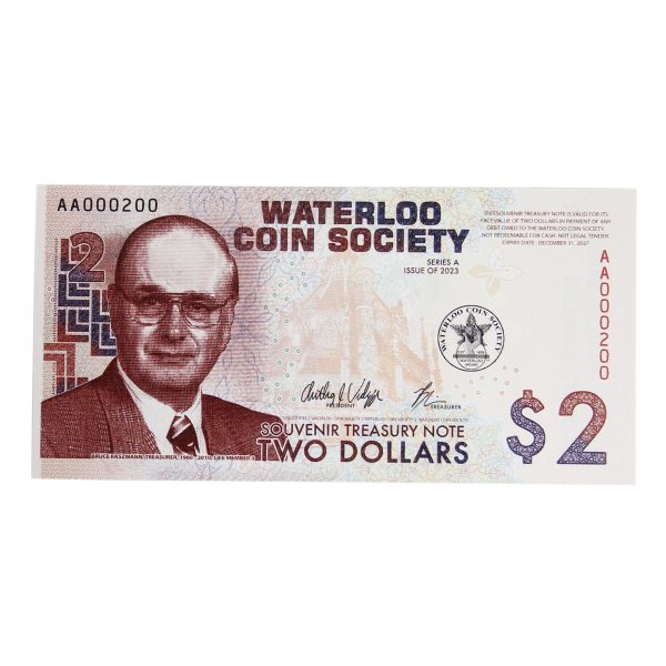 Waterloo Coin Society Souvenir Treasury $2 Note, Series A, UNC Online Hot Sale