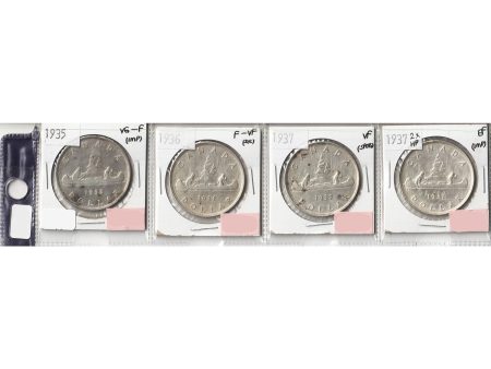 4x 1935-1937 Canada Dollars VG-F (VG-10) to EF (EF-40) 4Pcs (Impaired) For Sale