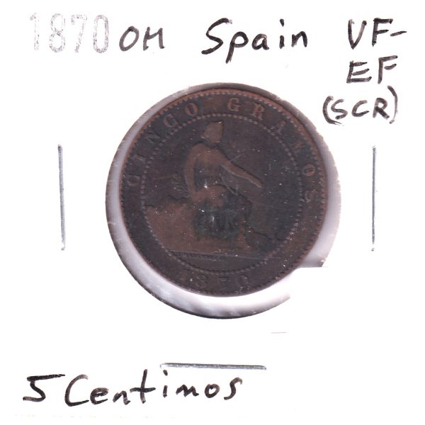 Spain 1870OM 5 Centimos VF-EF (VF-30) Scratched Hot on Sale