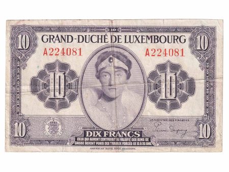 Luxembourg 1944 10 Franc Note, Pick #44a, VF-EF Discount