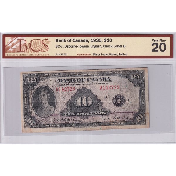 BC-7 1935 Canada $10 O-T, English, BCS Certified VF-20 (Minor Tears, Stains, Soiling) For Discount