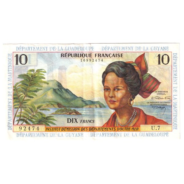 French Antilles Pick #8b 1964 10-franc Note Extra Fine (EF-40) Tear Sale