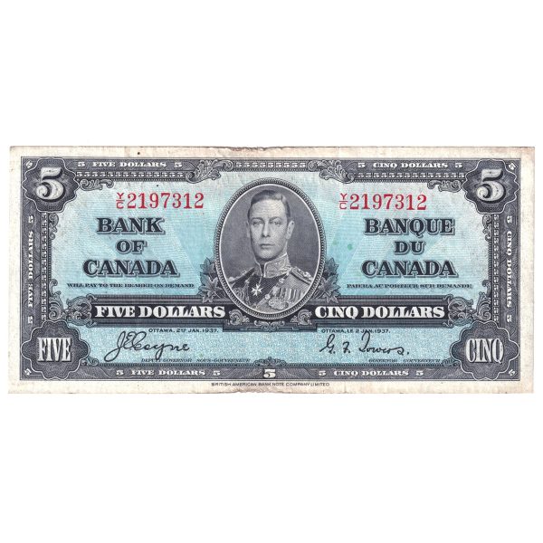 BC-23c 1937 Canada $5, Coyne-Towers, F-VF (Stain, tears, or damaged) Supply