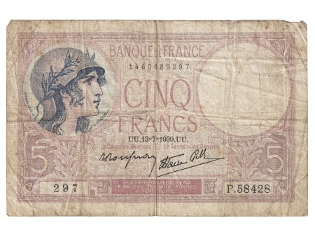 France 1939 5 Francs Note, Pick #83, F-VF Supply