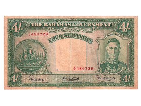 Bahamas Note, Pick #9e 1936 4 Shillings, VF-EF (VF-30) Tear Cheap