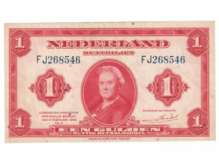 Netherlands 1943 1 Gulden Note, Pick #64a, AU Online Hot Sale