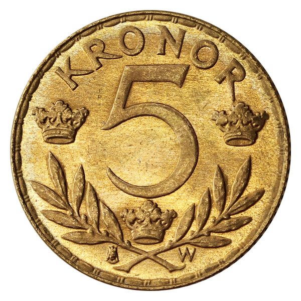 Sweden 1920W Gold 5 Kroner Choice Brilliant Uncircualted (MS-64) For Discount