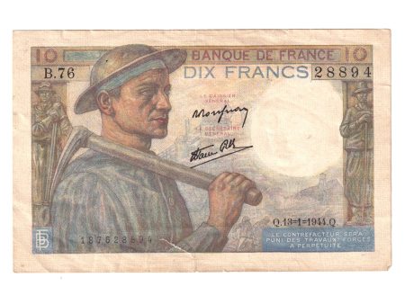 France Note Pick #99e 1944 10 Francs, Almost Uncirculated (AU-50) Tears Online Hot Sale