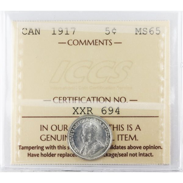 1917 Canada 5-cents ICCS Certified MS-65 (XXR 694) on Sale