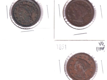 Lot of 3x 1851-1854 USA Cent, G-VG to F-VF (Impaired) 4Pcs. Cheap