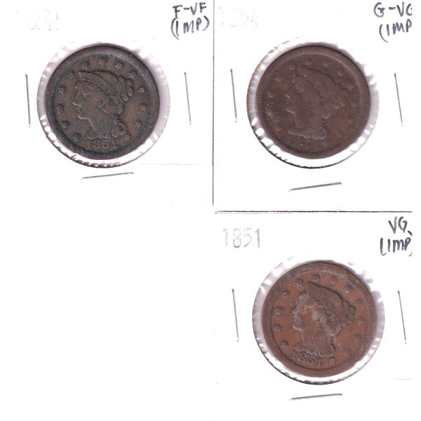 Lot of 3x 1851-1854 USA Cent, G-VG to F-VF (Impaired) 4Pcs. Cheap