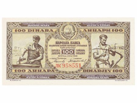 Yugoslavia 1946 100 Dinara Note, Pick #65b, UNC For Discount