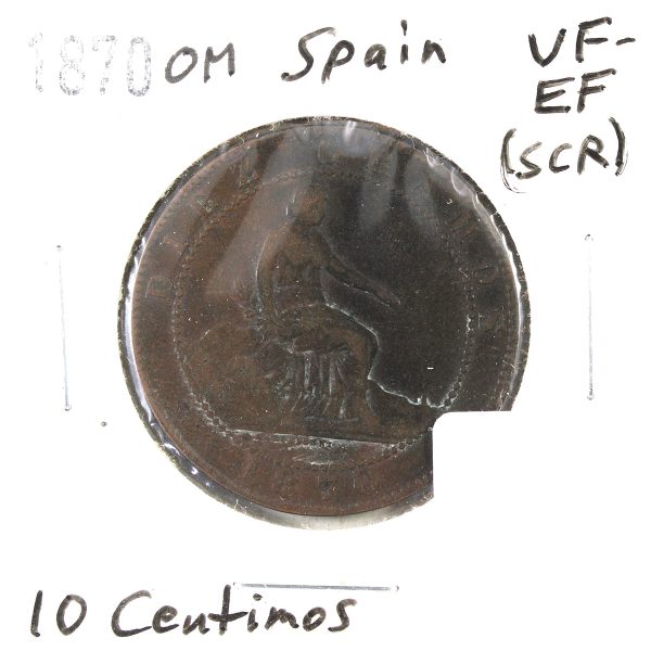 Spain 1870OM 10 Centimos VF-EF (VF-30) Scratched Discount