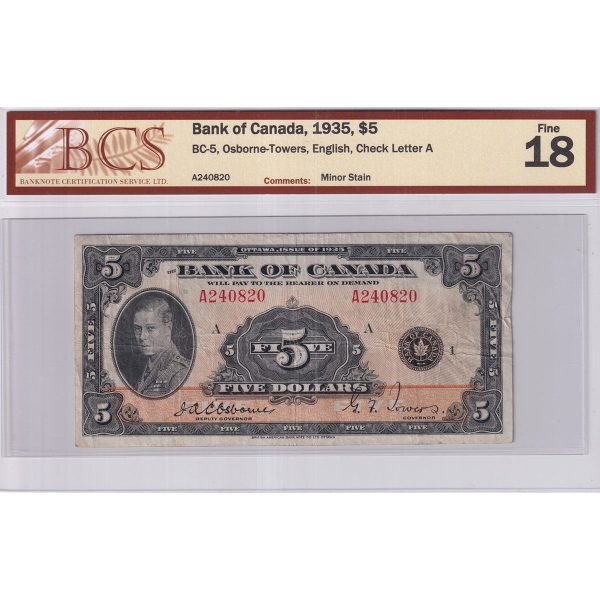 BC-5 1935 Canada $5 Osborne-Towers, English, Check A, BCS Certified F-18 (Minor Stain) Discount