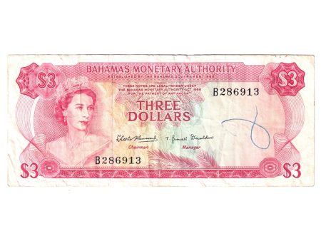 Bahamas Note, Pick #28a 1968 3 Dollars, Very Fine (VF-20) Damaged Online Hot Sale