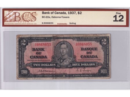 BC-22a 1937 Canada $2 Osborne-Towers, B B, BCS Certified F-12 (Soiling) Online