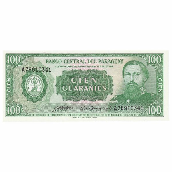 Paraguay L.1952 100 Guaranies Note, Pick #199b, UNC For Sale