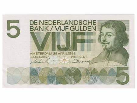 Netherlands 1966 5 Gulden Note, Pick #90a, UNC For Sale